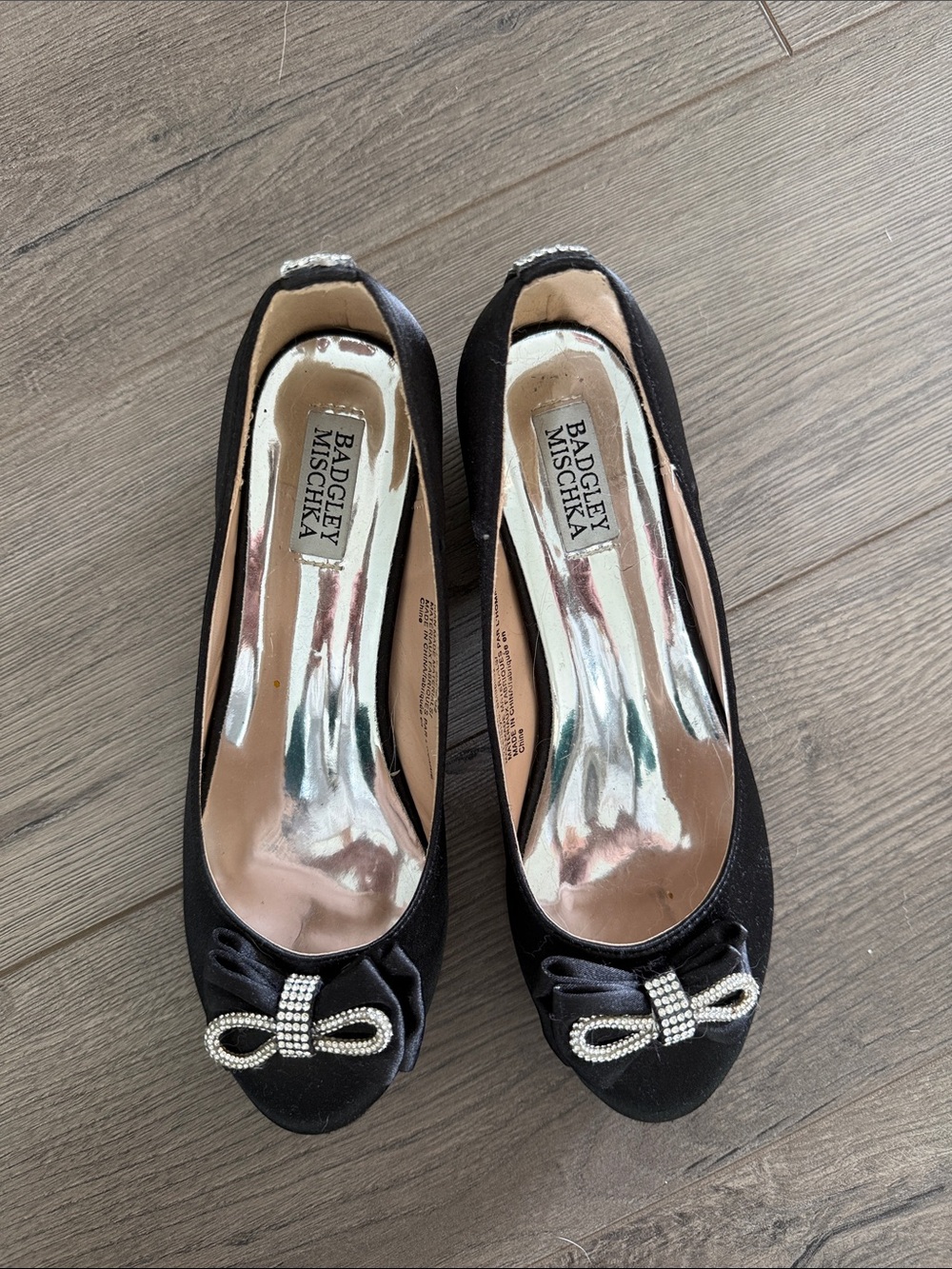 Badgley Mischka Black Satin Low Heels with Crystal Bow Accent in EUC